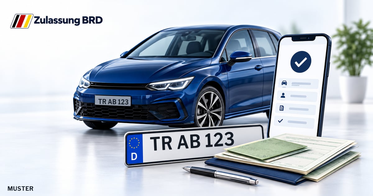 Online Fahrzeugzulassung in Hermeskeil: Musterkennzeichen TR AB 123, Auto und Fahrzeugpapiere und Smartphone. Illustration mit Logo von Zulassung BRD.
